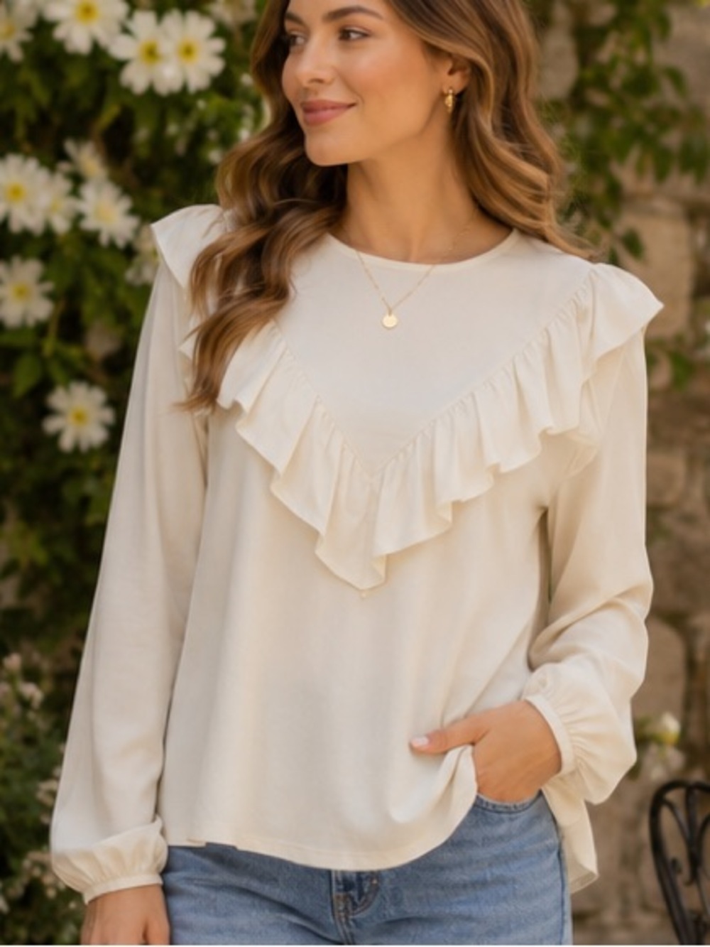 Agnes & Dora V Ruffle Top Ivory Long Sleeve Blouse Size Medium NWT